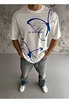 Unisex Bisiklet Yaka Baskılı Oversize T-shirt - Beyaz