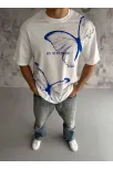 Unisex Bisiklet Yaka Baskılı Oversize T-shirt - Beyaz