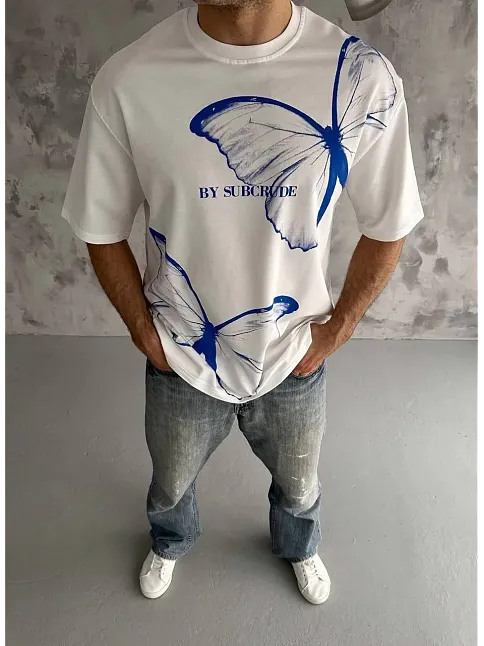Unisex Bisiklet Yaka Baskılı Oversize T-shirt - Beyaz