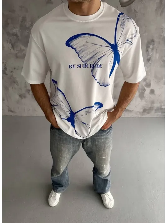 Unisex Bisiklet Yaka Baskılı Oversize T-shirt - Beyaz