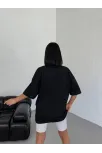 Unisex Bisiklet Yaka Baskılı Oversize T-shirt - Siyah