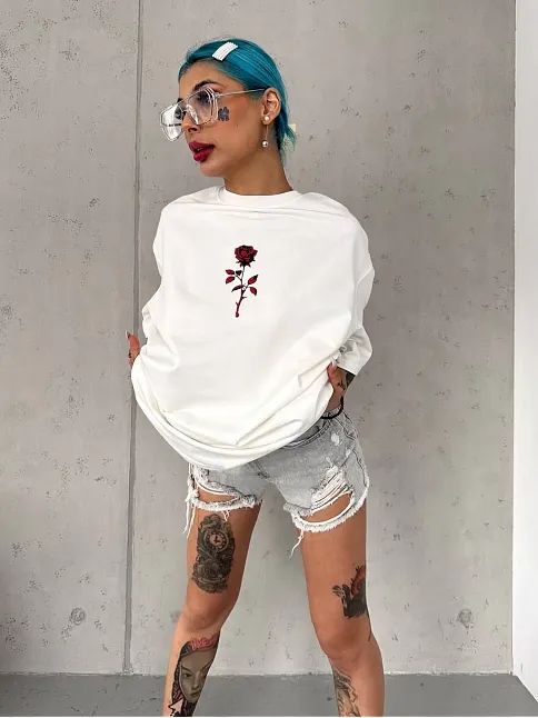 Unisex Bisiklet Yaka Baskılı Oversize T-shirt - Beyaz