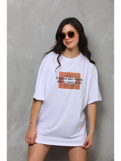 Unisex Bisiklet Yaka Baskılı Oversize T-shirt - Beyaz