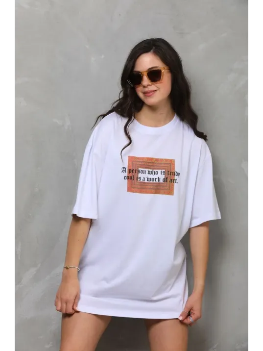 Unisex Bisiklet Yaka Baskılı Oversize T-Shirt - Beyaz