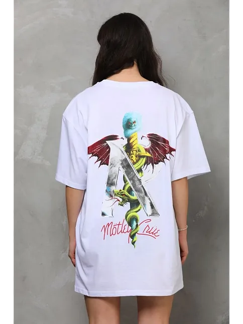 Unisex Bisiklet Yaka Baskılı Oversize T-shirt - Beyaz