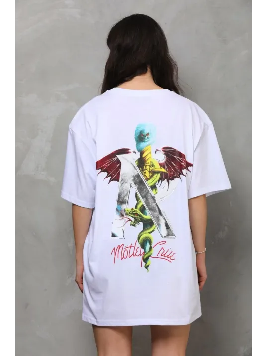 Unisex Bisiklet Yaka Baskılı Oversize T-Shirt - Beyaz