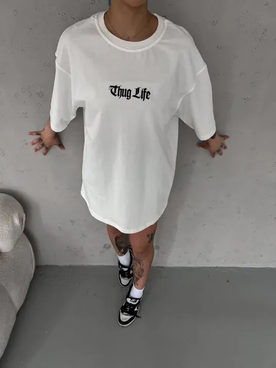 Unisex Bisiklet Yaka Baskılı Oversize T-Shirt - Beyaz Unisex Bisiklet Yaka Baskılı Oversize T-Shirt - Beyaz