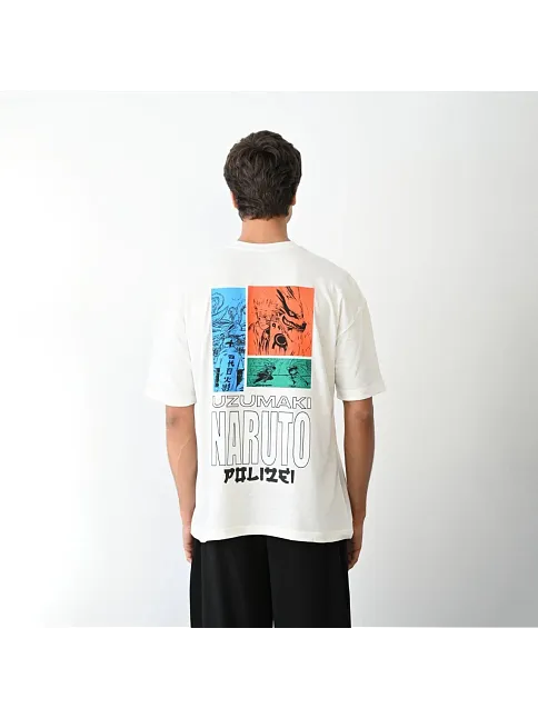 Unisex Bisiklet Yaka Baskılı Oversize T-shirt - Beyaz