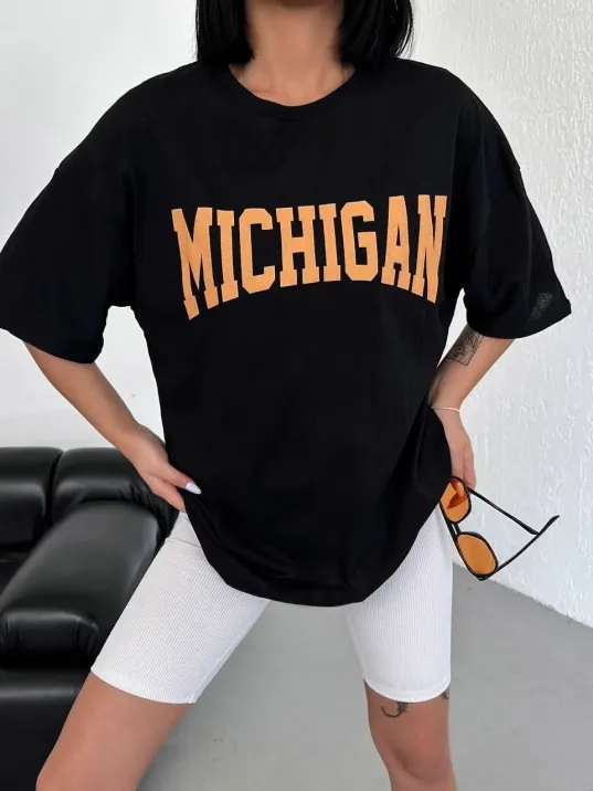 Unisex Bisiklet Yaka Baskılı Oversize T-Shirt - Siyah