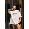 Unisex Bisiklet Yaka Baskılı Oversize T-Shirt - Beyaz
