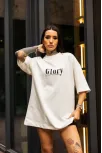 Unisex Bisiklet Yaka Baskılı Oversize T-shirt - Beyaz