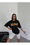 Unisex Bisiklet Yaka Baskılı Oversize T-shirt - Siyah