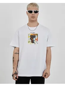 Unisex Bisiklet Yaka Baskılı Oversize T-shirt - Beyaz