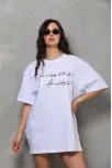 Unisex Bisiklet Yaka Baskılı Oversize T-shirt - Beyaz