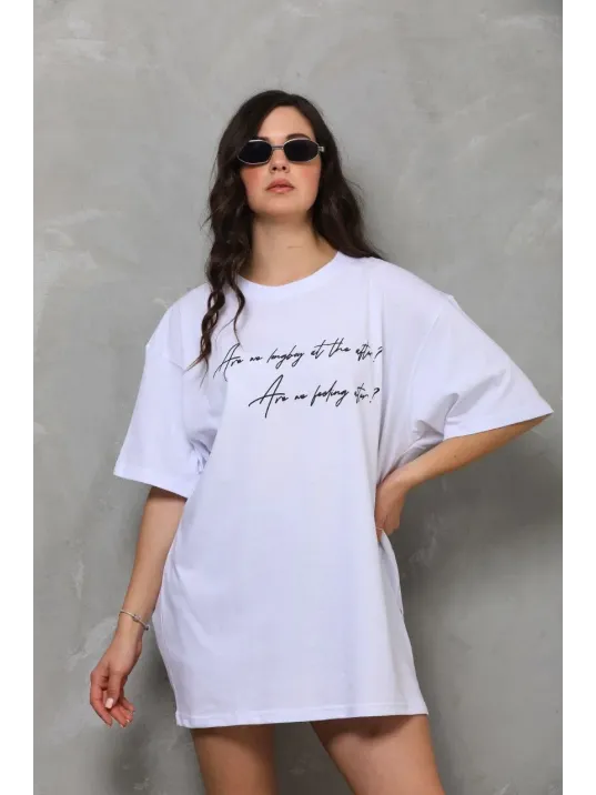 Unisex Bisiklet Yaka Baskılı Oversize T-shirt - Beyaz