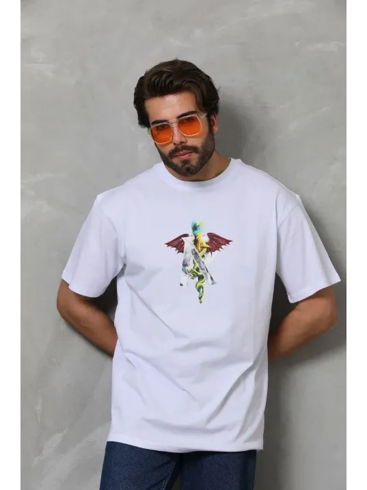 Unisex Bisiklet Yaka Baskılı Oversize T-Shirt - Beyaz Unisex Bisiklet Yaka Baskılı Oversize T-Shirt - Beyaz