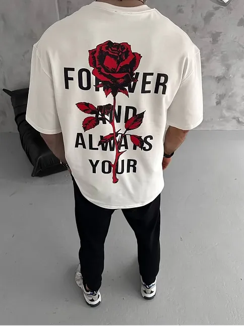 Unisex Bisiklet Yaka Baskılı Oversize T-shirt - Beyaz