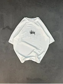 Unisex Bisiklet Yaka Baskılı Oversize T-shirt - Beyaz