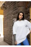 Unisex Bisiklet Yaka Baskılı Oversize T-shirt - Beyaz