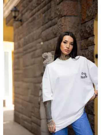 Unisex Bisiklet Yaka Baskılı Oversize T-Shirt - Beyaz Unisex Bisiklet Yaka Baskılı Oversize T-Shirt - Beyaz