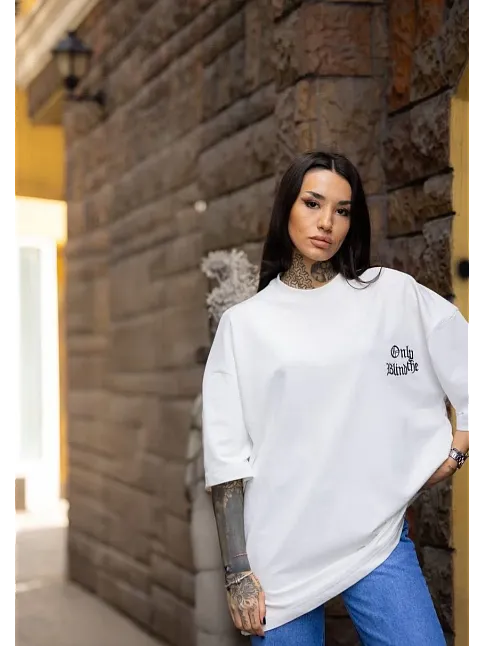 Unisex Bisiklet Yaka Baskılı Oversize T-shirt - Beyaz