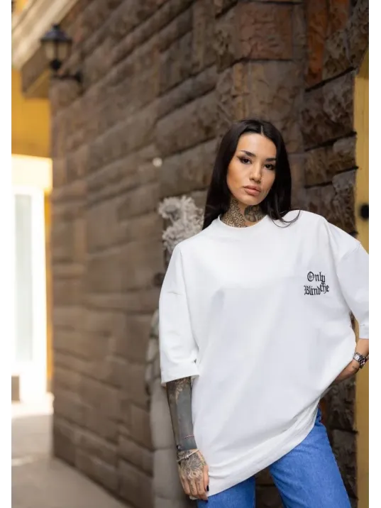 Unisex Bisiklet Yaka Baskılı Oversize T-Shirt - Beyaz