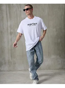 Unisex Bisiklet Yaka Baskılı Oversize T-shirt - Beyaz
