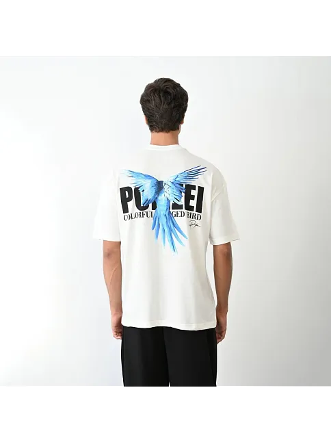 Unisex Bisiklet Yaka Baskılı Oversize T-shirt - Beyaz