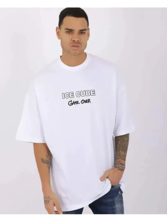 Unisex Bisiklet Yaka Baskılı Oversize T-shirt - Beyaz