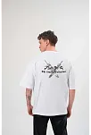 Unisex Bisiklet Yaka Baskılı Oversize T-shirt - Beyaz