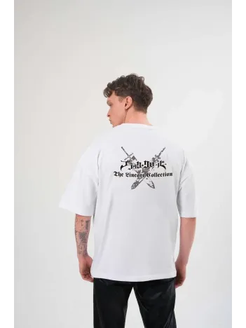 Unisex Bisiklet Yaka Baskılı Oversize T-shirt - Beyaz