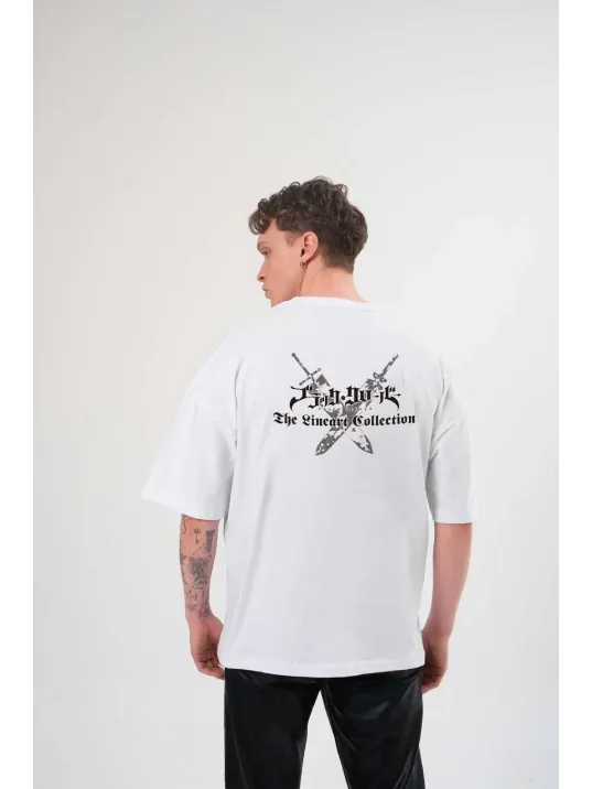 Unisex Bisiklet Yaka Baskılı Oversize T-shirt - Beyaz Unisex Bisiklet Yaka Baskılı Oversize T-shirt - Beyaz