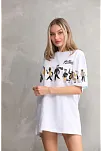 Unisex Bisiklet Yaka Baskılı Oversize T-shirt - Beyaz