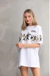 Unisex Bisiklet Yaka Baskılı Oversize T-shirt - Beyaz