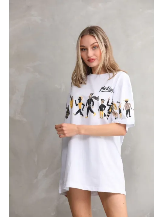 Unisex Bisiklet Yaka Baskılı Oversize T-Shirt - Beyaz