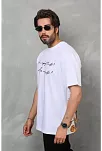 Unisex Bisiklet Yaka Baskılı Oversize T-shirt - Beyaz