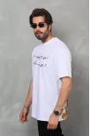 Unisex Bisiklet Yaka Baskılı Oversize T-shirt - Beyaz