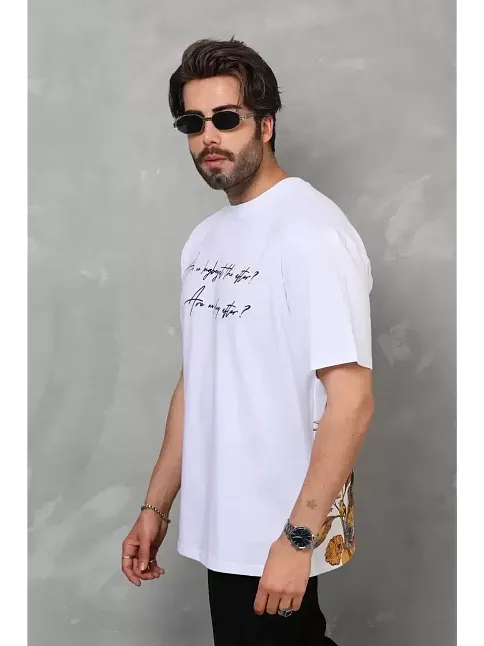 Unisex Bisiklet Yaka Baskılı Oversize T-shirt - Beyaz