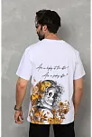 Unisex Bisiklet Yaka Baskılı Oversize T-shirt - Beyaz