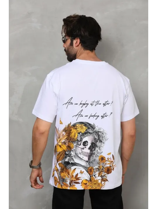 Unisex Bisiklet Yaka Baskılı Oversize T-shirt - Beyaz