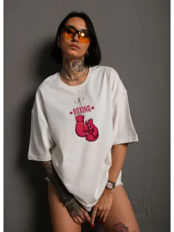 Unisex Bisiklet Yaka Baskılı Oversize T-Shirt - Beyaz Unisex Bisiklet Yaka Baskılı Oversize T-Shirt - Beyaz