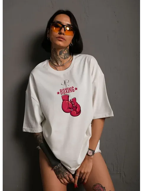 Unisex Bisiklet Yaka Baskılı Oversize T-shirt - Beyaz