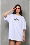 Unisex Bisiklet Yaka Baskılı Oversize T-shirt - Beyaz