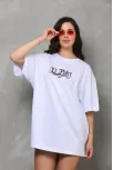 Unisex Bisiklet Yaka Baskılı Oversize T-shirt - Beyaz
