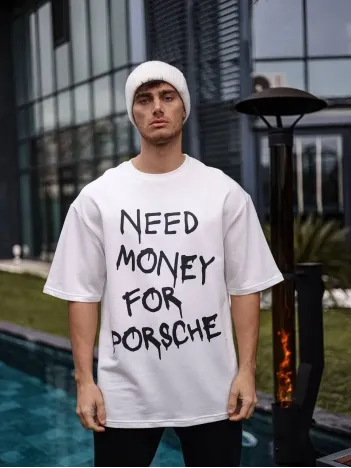 Unisex Bisiklet Yaka Baskılı Oversize T-shirt - Beyaz