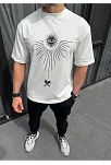 Unisex Bisiklet Yaka Baskılı Oversize T-shirt - Beyaz
