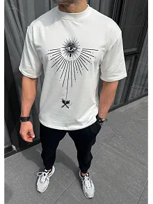 Unisex Bisiklet Yaka Baskılı Oversize T-shirt - Beyaz