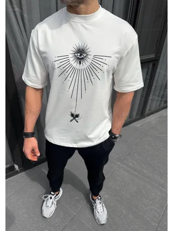 Unisex Bisiklet Yaka Baskılı Oversize T-Shirt - Beyaz Unisex Bisiklet Yaka Baskılı Oversize T-Shirt - Beyaz