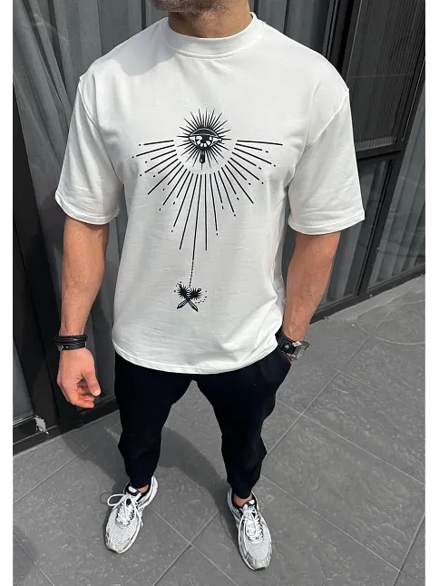 Unisex Bisiklet Yaka Baskılı Oversize T-shirt - Beyaz