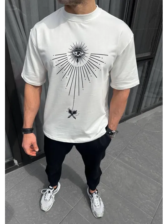 Unisex Bisiklet Yaka Baskılı Oversize T-Shirt - Beyaz Unisex Bisiklet Yaka Baskılı Oversize T-Shirt - Beyaz